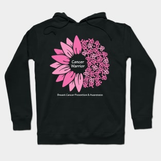 Breast cancer warrior with flower, hearts, ribbons & white type Hoodie